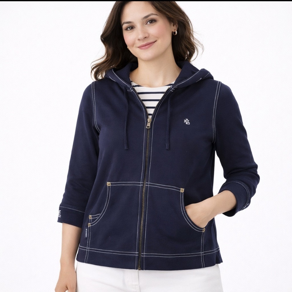Lauren Ralph Lauren Womens Knit Hooded Jacket Navy Blue Small nautical Preppy